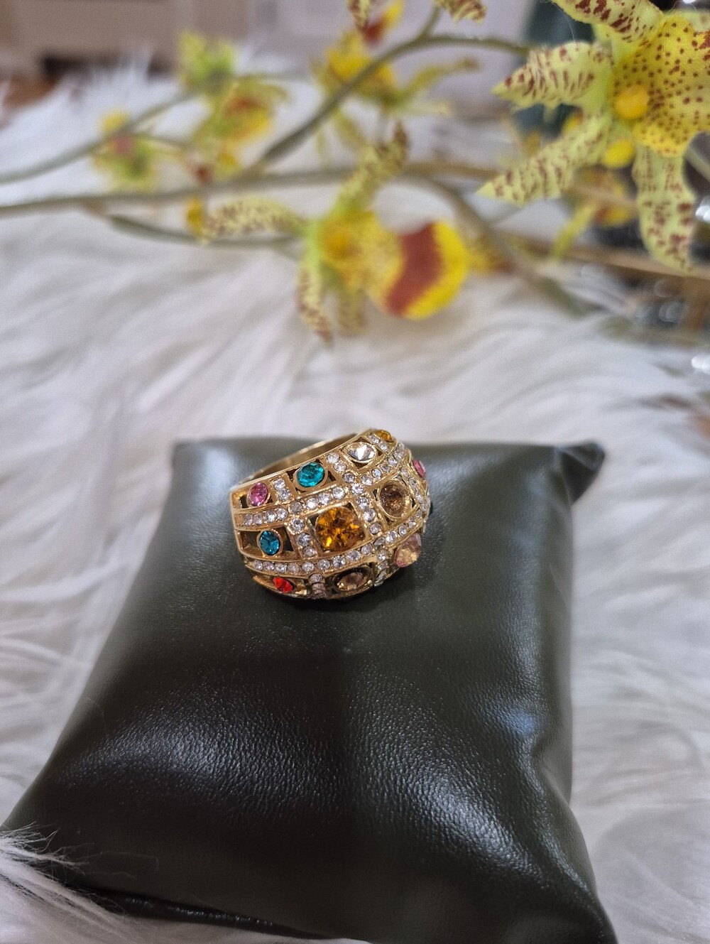 Multicolored Crystal Cocktail Ring in Gold-Tone